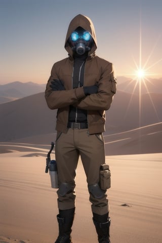 Man, glowing blue eyes, brown hooded jacket, brown jacket , zipped up jacket, hood up, desert,realistic, work trousers, , black gloves, arms folded , sunrise, lens flare, boots, arms crossed, aloof, gask mask, full gas mask