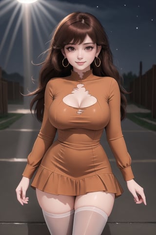 ((best quality, masterpiece:1.2, best quality)),(kawaii:1.2), ultra-detailed, illustration, shy, (((night))), Highly detailed, High Quality, Masterpiece, beautiful, Girlfriend, 1girl, solo,  bztiara, short dress, long sleeves, torn pantyhose, earrings, jewelery, facing viewer, gentle smile, standing, long hair, wide hips, thick thighs, large breasts, (best shadows:1.3), (god rays:1.3), ultra-realistic photography, extremely detailed natural texture, photorealistic, RAW photo, TanvirTamim, high quality, high res, sharp focus, extremely detailed, cinematic lighting, 8k uhd, high res, shy, nervous, brown eyes, dark brown hair, beautiful face, beautiful eyes, detailed eyes, realistic,hourglass body shape, bztiara,Crinoline Dress,short dress