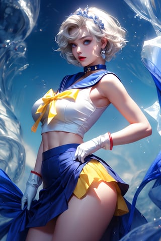 ((1 girl, adorable, happy)), ((sailor senshi uniform, sailor collar, diadem, sailor senshi, yellow ribbon, 
White gloves, choker, blue skirt)), (white hair, short hair, blue eyes, makeup), (large breasts, large ass, thick thighs, wide hips, abs, voloptuous), light background, mix of fantasy and realistic elements, uhd picture, crystal translucency, body facing viewer,