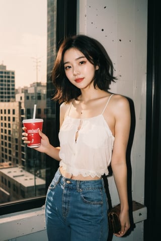 (masterpiece, RAW photo), portrait photo of a trendy beautiful girl standing next to a high rise window, short wavy hair, lace, intricate, , 50mm, f/1. 4, high detail, sharp focus, cowboy shot, rim light, sunset, 8K UHD ,  
holding,holding cup,jeans,brown hair,disposable cup,long hair,realistic,bag,standing,brown eyes,looking at viewer,black hair,camisole,blue pants,