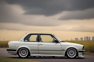 BMW E30, 325i, classic, low rider, stance, color banana yellow,comic book