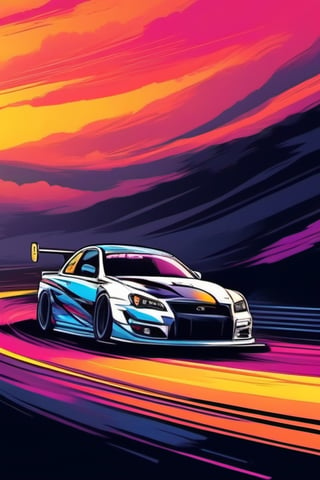 Vector Art Sticker, of a car drifting on a race track at dusk, dynamic action style, detailed,  white background,  dynamic,  dramatic,  vibrant colors,  vector art style

