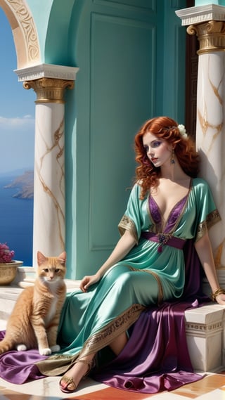A gorgeous woman, exquisite symmetric face, serene expression, make up, big light green ultra detailed eyes, curly, wind blown, thick red hair,soft shiny skin, opulent, exquisite elaborate dress in purples, red, gold, satin and silk gossimer fabric, gladiator strappy sandals, lounging on a fur rug, exquisite marble floor and architecture, vases, platters of fresh ripe fruits, bowls of olives, chalaces of red wine, realistic fluffy cute kittens playing with ribbons and each other, background overlooking ocean from a greek palatial home, vivid blue ocean, islands in the distance, blue sky,majestic,opulent,filigree jewelleries,john william godward, classical pre-raphaelite style, rich colors,untra-detailed,magic,epic,fantasy,barok,(full body sideview:1.3), 