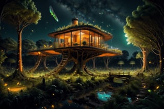 night sky, firefliesfireflies, DonMG414, Ultra realistic, hyper realistic, photo realistic, Massive fantastical tree house, night time, isometric, 