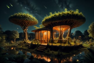 night sky, firefliesfireflies, DonMG414, Ultra realistic, hyper realistic, photo realistic, Massive fantastical tree house, night time, isometric, 