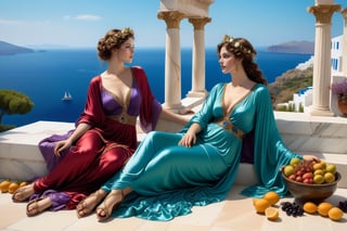 two gorgeous women, exquisite symmetric faces, serene expressions, make up, big light  ultra detailed eyes, curly, wind blown, thick  hair,soft shiny skin, opulent, exquisite elaborate dress in purples, red, gold, blue, green satin and silk gossimer fabric, gladiator strappy sandals, both women, best friends, lying on a fur rug, talking to each other, exquisite marble floor and architecture, vases, platters of fresh ripe fruits, bowls of olives, chalaces of red wine, background overlooking ocean from a greek palatial home, vivid blue ocean, islands in the distance, vivid clear blue sky,majestic,opulent,filigree jewelleries,john william godward, classical pre-raphaelite style, rich colors,untra-detailed,magic,epic,fantasy,barok,(full body sideview:1.3), 