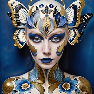a ceramic of a white, blue and gold woman, in the style of tattoo-inspired, detailed facial features, asian-inspired, extravagant, body art, dreamlike installations, close up,BJ_Blue_butterfly,p3rfect boobs