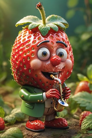 ((masterpiece: 1.2), (best quality, ultra detailed, photorealistic: 1.37) high quality, high definition, super detailed, unreal engine, Ultra realistic photography, 3d, 8k, cinematic lighting, volumetric lights, hyper-realistic photography captured with a professional SLR camera, HDR, silk, volume create an image of a strawberry with a face playing the saxophone Jacek Yerka style