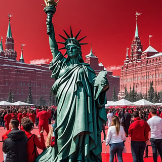 (+18) , NSFW , 
Statue of Liberty in the middle of The Red square in Moscow ,
People are gathered around the statue in 
Moscow  taking photos,