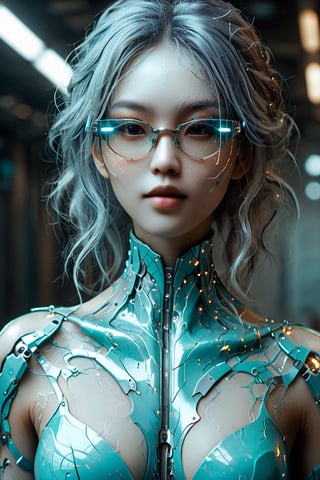 A beautiful young woman is wearing metal for the futurist, cyberpunk, futuristic technology, and girls holding weapons in dazzling colors, wearing science fiction glasses, in the style of yuumei, light turquoise and light silver, waist shot, 8k resolution, joong keun lee, tanya shatseva, light acade, smile, (oil shiny skin:0.8), (big breast:0.8), (perfect anatomy, prefecthand, long fingers, 4 fingers, 1 thumb), 9 head body lenth, breast apart, looking at viewer, (upper_body:0.8), (view_from_behind:1.5), ,more detail XL