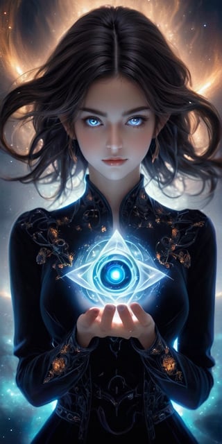 upper_body , realistic shadows, depth of field, bokeh, ,
1 girl, adult (elven:0.7) woman,  amber eyes, dark brown wedge cut hair,  
, solo, from front, front view, detailed background, detailed face, (, V0id3nergy, void theme:1.1)  glowing magical third eye  on forehead, eye tattoo, illusionist, psychic powers, awareness,   mind control, hypnosis,  enchantment, psychomancy,   clairvoyance, mesmerizing, aura,   mind portal, mind energy, magical blue psychic energy emanating, updraft,  magic in background, ethereal atmosphere,, smile, (oil shiny skin:1.0), (big_boobs:1.8), willowy, chiseled, (hunky:1.4),(( body rotation -35 degree)), (upper body:1.6),(perfect anatomy, prefecthand, dress, long fingers, 4 fingers, 1 thumb), 9 head body lenth, dynamic sexy pose, breast apart, (artistic pose of awoman),more detail ,xxmix_girl,Gold Edged Black Rose,Leonardo Style,DonMF1r3XL,neotech,dripping paint,abstact,glowing,scifi,LuminescentCL,starry sky,minimalist hologram,glow,abyssaltech ,dissolving,abyss,NIJI STYLE