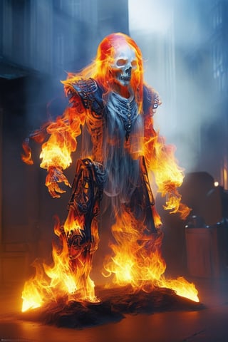 hyper detailed masterpiece, dynamic, awesome quality,DonMF1r3XL firey female uxariean, neural hacker,druid, fire skeletons face,glowing eyes,sabaton ,floating_hair ,DonMF1r3XL,aw0k magnstyle,(upper body:1.5),photo of a transparent ghost