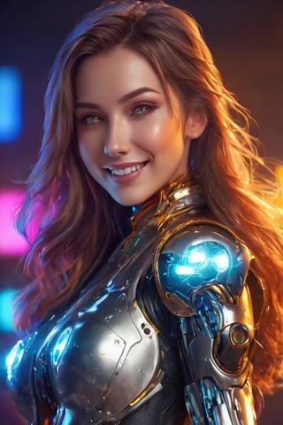 (best quality,4k,8k,highres,masterpiece:1.2),ultra-detailed,(realistic,photorealistic,photo-realistic:1.37), woman, beautiful, cute smile, fancy, cyborg, robot, portrait, metallic skin, glowing eyes, flowing hair, sleek design, futuristic fashion, vibrant colors, neon lights, surrealistic background, smile, (oil shiny skin:1.0), (big breast:1.0), (perfect anatomy, prefecthand, dress, long fingers, 4 fingers, 1 thumb), 9 head body lenth, dynamic sexy pose, breast apart, (cowboy shot:1.5), looking at viewer, (viewed_from_behind:1.35),chrometech,DonMCyb3rN3cr0XL 