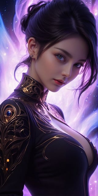 upper_body , realistic shadows, depth of field, bokeh, ,
1 girl, adult (elven:0.7) woman,  amber eyes, dark brown wedge cut hair,  
, solo, from front, front view, detailed background, detailed face, (, V0id3nergy, void theme:1.1)  glowing magical third eye  on forehead, eye tattoo, illusionist, psychic powers, awareness,   mind control, hypnosis,  enchantment, psychomancy,   clairvoyance, mesmerizing, aura,   mind portal, mind energy, magical blue psychic energy emanating, updraft,  magic in background, ethereal atmosphere,, smile, (oil shiny skin:1.0), (big_boobs:1.8), willowy, chiseled, (hunky:1.4),(( body rotation -35 degree)), (upper body:1.6),(perfect anatomy, prefecthand, dress, long fingers, 4 fingers, 1 thumb), 9 head body lenth, dynamic sexy pose, breast apart, (artistic pose of awoman),more detail ,xxmix_girl,Gold Edged Black Rose,Leonardo Style,DonMF1r3XL,neotech,dripping paint,abstact,glowing,scifi,LuminescentCL,starry sky,minimalist hologram,glow,abyssaltech ,dissolving,abyss,NIJI STYLE