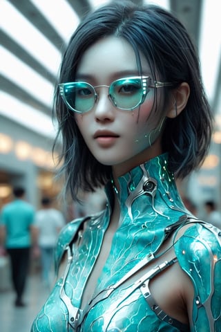 A beautiful young woman is wearing metal for the futurist, cyberpunk, futuristic technology, and girls holding weapons in dazzling colors, wearing science fiction glasses, in the style of yuumei, light turquoise and light silver, waist shot, 8k resolution, joong keun lee, tanya shatseva, light acade, shopping plants mall background,smile, (oil shiny skin:0.8), (big breast:0.8), (perfect anatomy, prefecthand, long fingers, 4 fingers, 1 thumb), 9 head body lenth, breast apart, looking at viewer, (upper_body:0.8), (view_from_behind:1.5), 