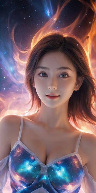 score_9, score_8_up, score_7_up, score_6_up, 1girl, solo, cosmic fire, human face, koling, cosmic, half open eyes, glowing eyes, magic eyes, glowing cheast, cosmic body, very cosmic hair, arms behind head,OverallDetail, smile,(oil shiny skin:1.0), (big_boobs:1.5), willowy, chiseled, (hunky:1.6),(( body rotation -90 degree)), (upper body:1.6),(perfect anatomy, prefecthand, dress, long fingers, 4 fingers, 1 thumb), 9 head body lenth, dynamic sexy pose, breast apart, (artistic pose of awoman),,abyssaltech ,dissolving,abyss,Clear Glass Skin,BrokenIR,Glass Elements,(Transperent Parts),more detail XL,minimalist hologram,starry sky,glow,fire element,composed of fire elements,xxmix_girl,DonMF1r3XL