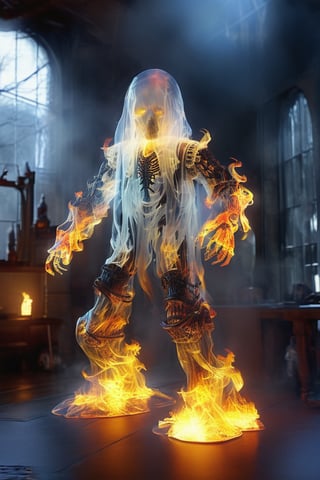 (Upper body),hyper detailed masterpiece, dynamic, awesome quality,DonMF1r3XL firey female uxariean, neural hacker,druid, fire skeletons face,glowing eyes,sabaton ,floating_hair ,9 head length body,DonMF1r3XL,aw0k magnstyle,photo of a transparent ghost
