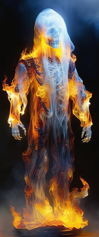 (Upper body),hyper detailed masterpiece, dynamic, awesome quality,DonMF1r3XL firey female uxariean, neural hacker,druid, fire skeletons face,glowing eyes,sabaton ,floating_hair ,9 head length body,DonMF1r3XL,aw0k magnstyle,photo of a transparent ghost