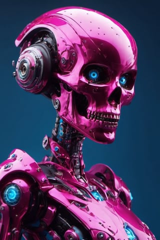  (a Detailed Hip Hop pink Robot woman rollerskates down the street in a fantasy world,Skull Head, blue eyes, Detailed robotic rollerskates),dynamic views,dynamic poses,DonMD3m0nXL 