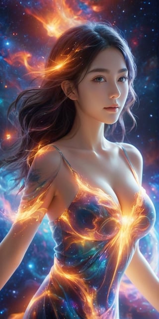 score_9, score_8_up, score_7_up, score_6_up, 1girl, solo, cosmic fire, human face, koling, cosmic, half open eyes, glowing eyes, magic eyes, glowing cheast, cosmic body, very cosmic hair, arms behind head,OverallDetail, smile,(oil shiny skin:1.0), (big_boobs:1.5), willowy, chiseled, (hunky:1.6),(( body rotation -90 degree)), (upper body:1.6),(perfect anatomy, prefecthand, dress, long fingers, 4 fingers, 1 thumb), 9 head body lenth, dynamic sexy pose, breast apart, (artistic pose of awoman),,abyssaltech ,dissolving,abyss,Clear Glass Skin,BrokenIR,Glass Elements,(Transperent Parts),more detail XL,minimalist hologram,starry sky,glow,fire element,composed of fire elements,xxmix_girl,DonMF1r3XL,DonMW15pXL
