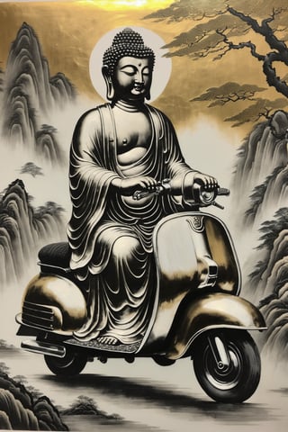 (masterpiece, high detail, best quality),  Buddha riding a scooter,gold chrome Buddha, satin sliver iron,chinese ink drawing