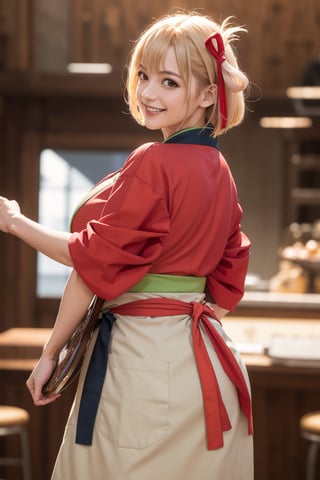 masterpiece, best quality, highres, aachisato, short hair, hair ribbon, japanese clothes, (red kimono:1.2), sash, (brown apron:1.2), , indoors, cafe, holding tray, smile,aachisato, (smile:1.2) ( shiny oil skin:1.0), cowboy_shot, curved body, (dynamic sexy pose:1.7), sexy body, (gigantic breast:1.2), 9 head length body, looking at viewer, from behind,
