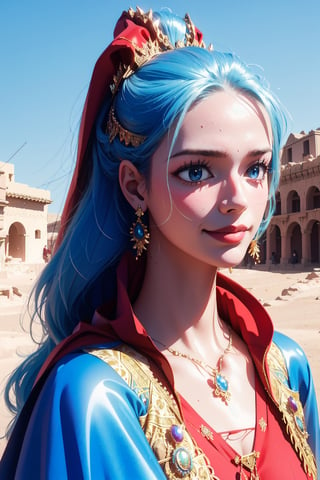 masterpiece, ((ultra detailed background, delicate pattern, intricate detail)), (highly detailed, fine details), best quality, beautiful lighting, (portrait), NefertariViviV3, 1girl, long hair, blue hair, solo, jewelry, earrings, ((red cape, white dress, simple dress)), ponytail, hair ornament, necklace, sky, blue eyes, complex detailed background, outside, sunny, desert town environment, buildings, town, market, hair lift, hands behind back, smile, (shiny oil skin:1.2),(gigantic breast:1.0),NefertariViviV3