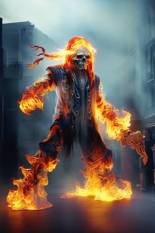 hyper detailed masterpiece, dynamic, awesome quality,DonMF1r3XL firey female uxariean, neural hacker,druid, fire skeletons face,glowing eyes,sabaton ,floating_hair ,DonMF1r3XL,aw0k magnstyle,upper body,photo of a transparent ghost