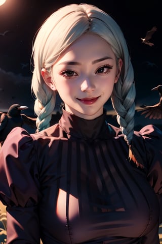 meimei,1woman,hair cover one eye, solo, looking_at_viewer, smile, bangs, big breast, parted_lips, hair_over_one_eye, twin_braids, turtleneck, surrounded by  crows, feathers, juliet_sleeves, black_feathers, solid black_bg, nighttime, red_rim light,meidef,