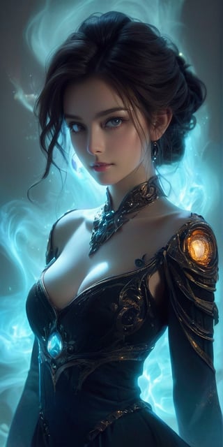 upper_body , realistic shadows, depth of field, bokeh, ,
1 girl, adult (elven:0.7) woman,  amber eyes, dark brown wedge cut hair,  
, solo, from front, front view, detailed background, detailed face, (, V0id3nergy, void theme:1.1)  glowing magical third eye  on forehead, eye tattoo, illusionist, psychic powers, awareness,   mind control, hypnosis,  enchantment, psychomancy,   clairvoyance, mesmerizing, aura,   mind portal, mind energy, magical blue psychic energy emanating, updraft,  magic in background, ethereal atmosphere,, smile, (oil shiny skin:1.0), (big_boobs:1.8), willowy, chiseled, (hunky:1.4),(( body rotation -35 degree)), (upper body:1.6),(perfect anatomy, prefecthand, dress, long fingers, 4 fingers, 1 thumb), 9 head body lenth, dynamic sexy pose, breast apart, (artistic pose of awoman),more detail ,xxmix_girl,Gold Edged Black Rose,Leonardo Style,DonMF1r3XL,neotech,dripping paint,abstact,glowing,scifi,LuminescentCL,starry sky,minimalist hologram,glow,abyssaltech ,dissolving,abyss,NIJI STYLE