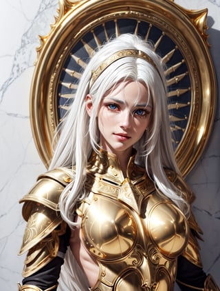 (One white hair sexy_warrior_woman in Golden armor:1.5), (full perfect body), masterpiece, best quality, ultra detailed, "detailed background", perfect shading, high contrast, best illumination, extremely detailed, ray tracing, realistic lighting effects, (beautiful detailed face, beautiful detailed symmetrical eyes:1.5), full lips, light smile, longt-hair, long_white-silver_hair, best lighting, full_length_portrait, beautiful white_marble_wall background