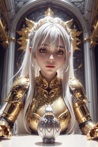 (WHite hair girl in Golden armor:1.5), sexy Warriors, (full body), masterpiece , best quality , ultra detailed , "detailed background" , perfect shading , high contrast , best illumination , extremely detailed , ray tracing , realistic lighting effects , (beautiful detailed face , beautiful detailed symmetrical eyes:1.5) , one woman , full lips , light smile , longt-hair , long_white-silver_hair, best lighting , full_length_portrait, dragon lying_behind background, ,Dragon