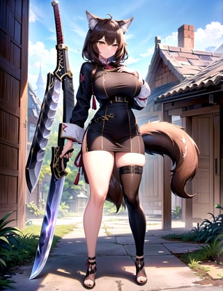 (best quality, 4k, 8k, highres, masterpiece:1.2), ultra-detailed, (((wolf girl))), (((brown hair))), (((full body))), ((standing pose)), ((((sexy battle hunter outfit)))), ((detailed clothes)), ((((carrying a big beautiful weapon)))), ((detailed weapon)), ((fully detailed)), illustration, vivid colors,NyatashaNyanners