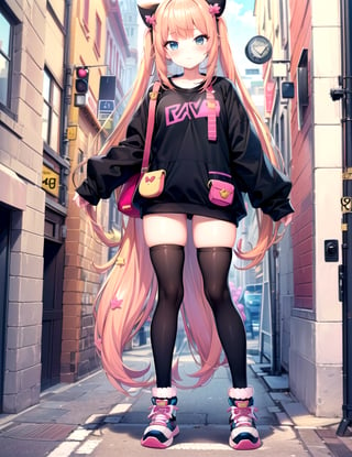 (best quality, 4k, 8k, highres, masterpiece:1.2), ultra-detailed, ((kawaii girl)), ((full body)), ((perfect body)), ((standing pose)), ((thigh socks)), (((very baggy and long leg warmers))), ((urban sneakers)), ((perfect)), ((fully detailed)), illustration, vivid colors
