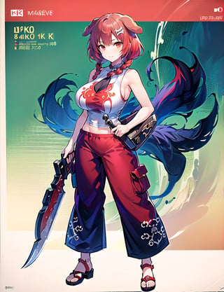 (best quality, 4k, 8k, highres, masterpiece:1.2), ultra-detailed, ((dog girl)), ((red hair)), (((full body))), ((perfect body)), ((standing pose)), ((((sexy battle harem pants)))), ((((carrying a big beautiful weapon)))), ((detailed clothes)), ((detailed weapon)), ((fully detailed)), illustration, vivid colors,ik1