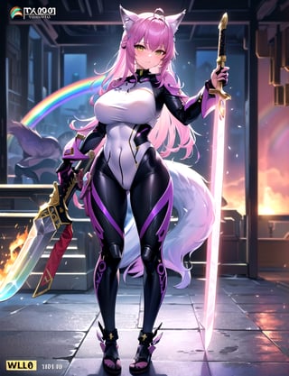 (best quality, 4k, 8k, highres, masterpiece:1.2), ultra-detailed, (((wolf girl))), (((rainbow hair))), (((full body))), ((standing pose)), ((((sexy battle suit)))), ((detailed clothes)), ((((carrying a big beautiful weapon)))), ((detailed weapon)), ((fully detailed)), illustration, vivid colors, lora:koyori-000015:1