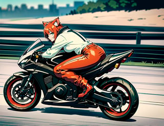 (best quality,4k,8k,highres,masterpiece:1.2),ultra-detailed, ((cat girl)), ((perfect body)), ((casual clothes)), ((riding a motorcycle)), ((at high speed)), ((blurred scenery)), ((custom motorcycle)), ((perfect bike)), ((street racer)), ((beautiful paintjob)), ((fully detailed)), illustration, vivid colors,miya