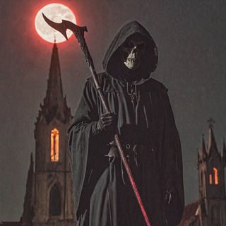  create a Grim reaper standing on top of church roof. he is facing the viewer. he is holding a  bloodyscythe,He is illuminated from back by red moonlight.Terrifying, death. sharp focus, high detailed, 8k, visavle face,,fantasy00d,night_view_background,horror,perfect light,schorror,monster,hallow33n