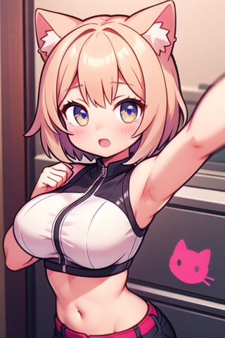 anime girl selfies, crop top, short hair, cat ears, big breasts, looking at the camera, hands down, half body