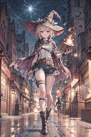 Generate an image of a blond 15-year-old boy wearing a dark red witch hat and cloak. He should be dressed in comfortable yet adventurous clothing, with boots and a belt adorned with fire symbols. Beside him, a floating magic book accompanies him. The boy should have a mischievous and youthful smile, as he is a young wizard strolling through the dangerous nighttime streets of a city filled with thieves. The scene should convey a sense of intrigue and adventure, with details reflecting the nocturnal and mysterious atmosphere of the city.und,CclFr,ASU1,vane /(granblue fantasy/)