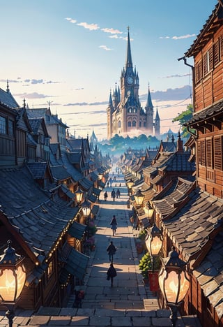 Generate an overhead view of a medieval fantasy city bustling with life and lights, as if the camera is gradually zooming in on the scene from above. The main castle, beautiful and white, stands prominently amidst the cityscape, with flags waving against the backdrop of the bright blue sky of daytime. The sun shines brilliantly in one corner of the image, casting warm light over the city. Streets are alive with activity, filled with bustling markets, winding alleys, and bustling plazas. The scene should evoke a sense of enchantment and wonder, inviting viewers to explore the intricate details of this vibrant fantasy city.
