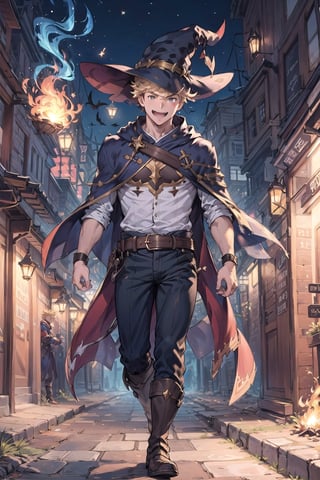 Generate an image of a blond 15-year-old boy wearing a dark red witch hat and cloak. He should be dressed in comfortable yet adventurous clothing, with boots and a belt adorned with fire symbols. Beside him, a floating magic book accompanies him. The boy should have a mischievous and youthful smile, as he is a young wizard strolling through the dangerous nighttime streets of a city filled with thieves. The scene should convey a sense of intrigue and adventure, with details reflecting the nocturnal and mysterious atmosphere of the city.und,CclFr,ASU1,vane /(granblue fantasy/)