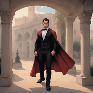 photorealistic , digital render , papi kocic, paul telfer,  full body ,black cape ,beefcake , ultra-attractive ,  full length attractive,having-cape, garden , forest , man, tuxedo , zoomed-out ,jet-black cape ,atmospheric , attractive ,beefcake, wide scene ,business-suit ,  scenery ,menswear ,arches , city market fountain ,aquaduct ,  walkway , photogenic , refined , cape attached with straps under his armpits ,,hunk,photogenic ,detailed, gay in love , masculine , musceld, handsome attactive , cape attached with straps under arms ,defined upturned nose , masculine nose , hispanic , both wearing a long cape, southern european caucasian , both clad in a cape , ultra attractive , male vampire , seductive, satin shirt , disconected-goatee , no deformation , no face distortion , romantic , no cape collar , cape attached with fabric , cape attached with clasp , refined, , cape attached with necklace , cape attached with string , cape attached with leather straps