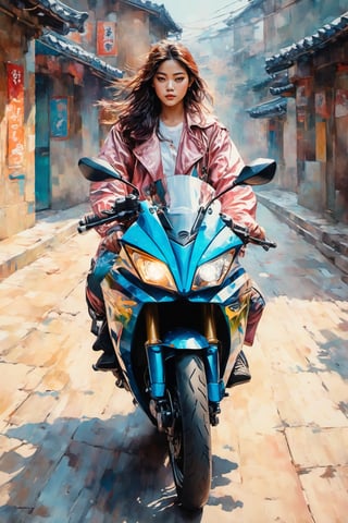 Painting in the style of prismatic portraits, beautiful landscapes, hyperrealistic precision, digital art techniques, impressionist: dappled light, bold, colorful portraits, wide angle. A young Korean K-pop star sitting on a Kawasaki Ninja 400 motorcycle next to the wall. High nose bridge, doe eyes, sharp jawline, plump lips, and an hourglass figure. Soft lighting wraps around her face, accentuating every curve and crease. Cluttered maximalism. Womancore. Mote Kei. Extremely high-resolution details.