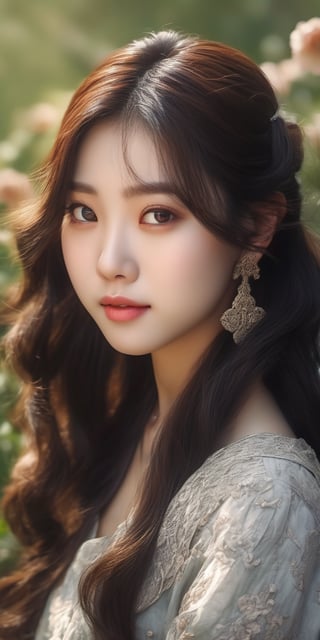 Pictorialist style photograph of a beautiful 21-year-old Korean woman with a perfect face, big eyes sitting in the garden on a low wall. Very sensual, mocking smile, smokey eyes makeup style, incredibly pretty, highly detailed features, highest quality, highly detailed skin, smooth thighs, long hair, fine curly style hair, big blue eyes, perfect eyes, detailed eyes, detailed pupils, shy smile, black hair, Argyle Long Dress with modest neckline , black sheer tights, ankle strap heels. Celtic jewelry, necklace with a key. morning sunlight, sharp focus, 8k resolution, 100% erotism. Masterpiece. Highly detailed. Cluttered maximalism. Rembrandt lighting. High angle. Wide angle. Full body shot. REALISTIC,real_booster,ink 