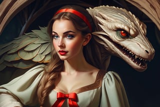 Renaissance painting. Tenebrism. Color field. A portrait of a female elf standing victoriously on the corpse of a dead wyvern. Her face is oval, forehead is smooth and visibly rounded at the temples. jawline is softly defined, giving her a gentle and feminine appearance. Her hair is tied with a red ribbon at the back of her head in a kind of small bun, with loosely falling strands pulled out of it. Fine curls are left above the forehead. A slight smile spreads across her face. Long shot. Wide angle. ,photorealistic,aesthetic portrait