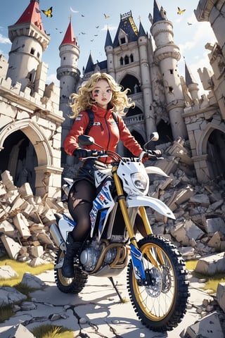 An artistic vision of a female adventurer surveying a castle ruins. She is wearing a warm outfit with a closely fitted jacket, warm woolen skirt, black tights, and ankle boots. She is driving a Suzuki RM-Z450 motorcycle. Fierce and confident expression, suggestive poses exuding seductive charm. Blonde hair styled into ringlets that framed the face. An abandoned castle, deserted, destroyed sculptures, reliefs on walls, grass, scattered rubble, vibrant colors. Highly detailed. Cluttered maximalism. Close-up shot. Super wide angle, 