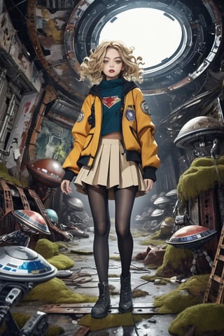 An artistic vision of a female adventurer surveying an interior of alien spaceship. She is wearing an open jacket, warm skirt, black tights, and ankle boots. Fierce and confident expression, suggestive poses exuding seductive charm. Blonde hair styled into ringlets that framed the face. An abandoned alien UFO, destroyed cybernetic circuits on the walls, rust, moss, scattered metal, and vibrant colors. Side view. Highly detailed. Cluttered maximalism. Close-up shot. Super wide angle, 