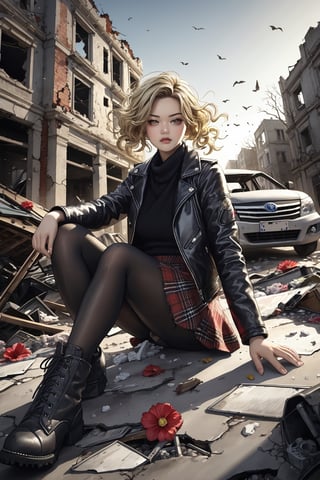 An artistic vision of a female adventurer surveying a destroyed city. She is wearing a warm outfit with a closely fitted jacket, long woolen skirt, black tights, and ankle boots.  She is sitting on a Kawasaki Vulcan 1700 Voyager motorcycle. Fierce and confident expression, suggestive poses exuding seductive charm, a hint of danger and power. Blonde hair styled into ringlets that framed the face. An abandoned dark town with ruined buildings, long deserted streets, rusty car wrecks, trees, flowers, scattered garbage, empty streets, vibrant colors, and dramatic lighting emphasizing shadows. Highly detailed. Delicate minimalism. Close-up shot. Super wide angle, 