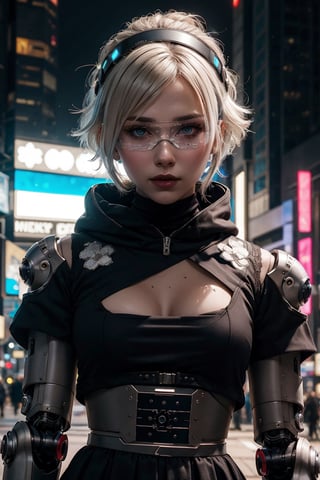 Figure of a humanoid robot with visible cybernetic parts and a female face. It was dressed in a Gothic Lolita outfit adorned with lace and embroidery. Heterochromia. Helmet with serial number and barcode. High details, cyberpunk visor. High details, rembrandt lighting.,cyberpunk glasses